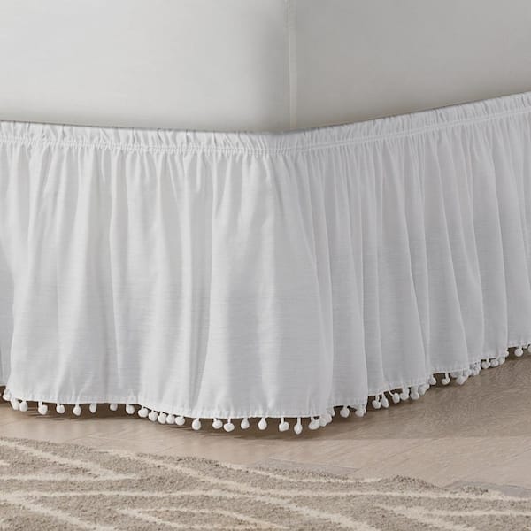 Easy Fit Pom Pom White Solid King Bed Skirt