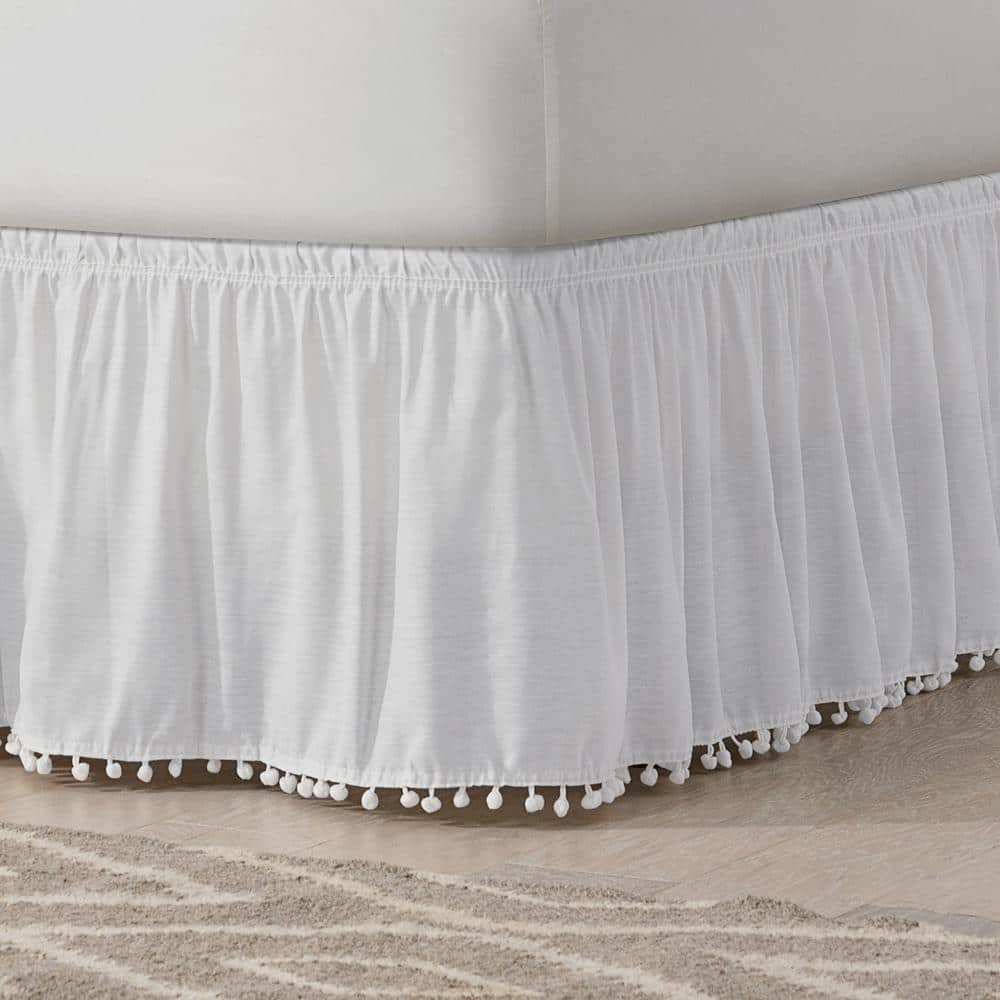 Easy Fit Pom Pom White Solid Twin Bed Skirt 16310BEDDTFUWHI The