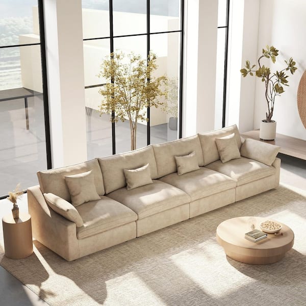  156 in. Square Arm Plush Linen 4-Piece Comfy Couch Deep Seat Cloud Modular Sectional Sofa with Washable Covers in. khaki