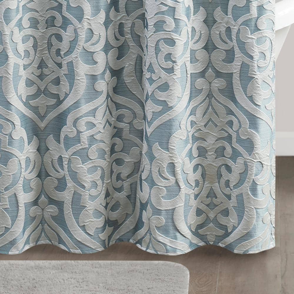 Aqua and Silver Damask Jacquard Fabric Shower Curtain