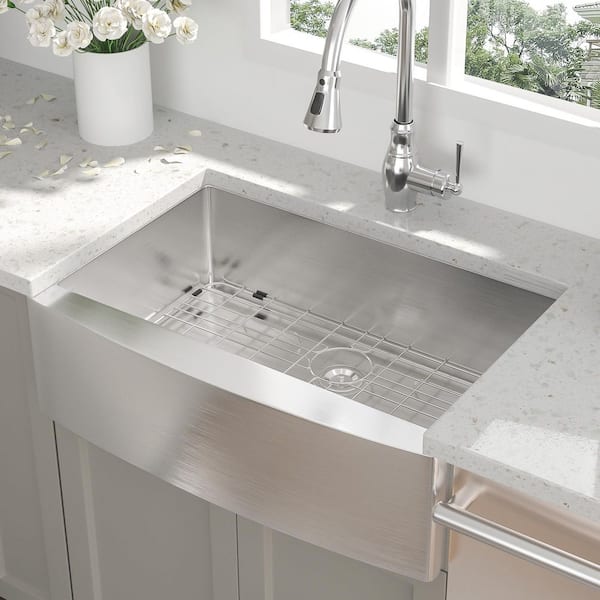 30 in. Farmhouse Single Bowl 16 Gauge Brushed Nickel Stainless Steel Kitchen Sink with Bottom Grids