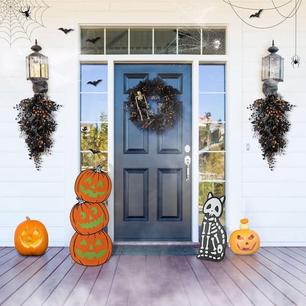 24 in. H and 36 in. H Halloween Wood Skeleton Cat and Stacked Pumpkin Porch Décor, Set of 2