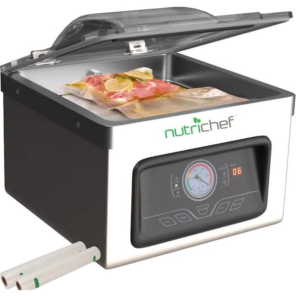 NutriChef Black Gloss Food Vacuum Sealer with 350W Vide 8L Chamber Stainless Steel Food Vacuum Sealer with Bag Cutter