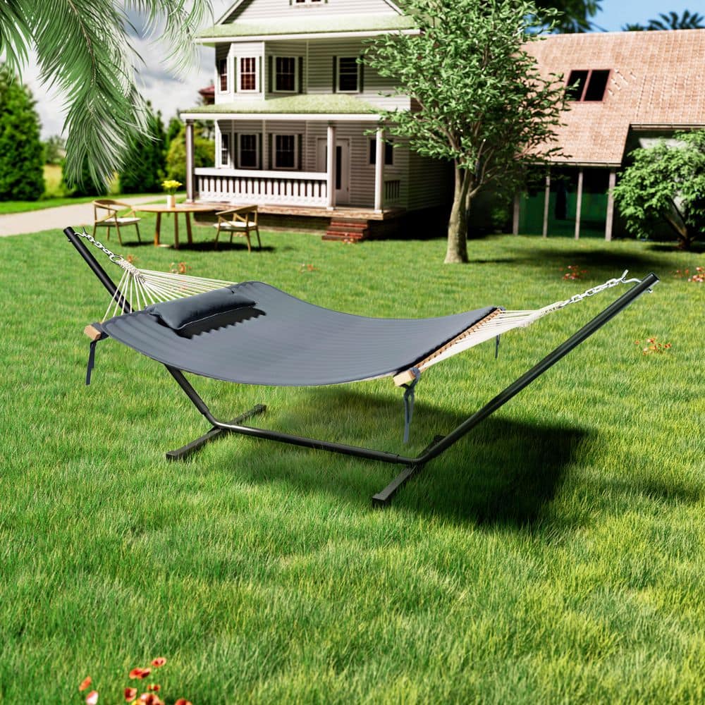 VEIKOUS 12 ft. Quilted 2-Person Hammock Bed with Stand and Detachable Pillow, Dark Gray PG0203-01GY-7