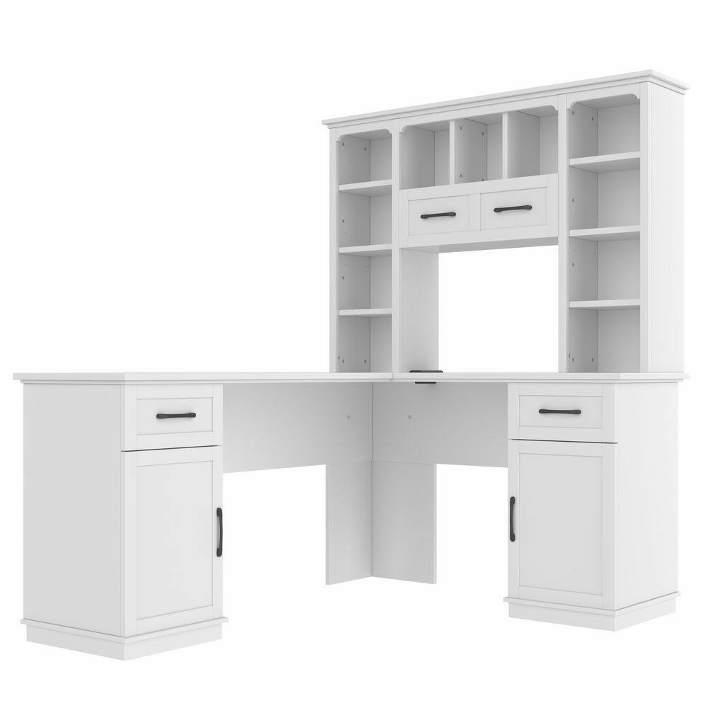 51.6 in. White L-Shaped Computer Desk with 2 Cabinets and 2 Drawers, 11 Open Shelves, Power Outlet for Room