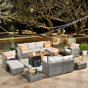 XIWD Gray 13-Piece Wicker Outerdoor Patio Storage Fire Pit Sectional Seating Set with Beige Cushions