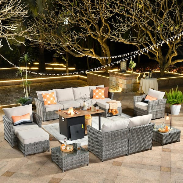 XIWD Gray 13-Piece Wicker Outerdoor Patio Storage Fire Pit Sectional Seating Set with Beige Cushions