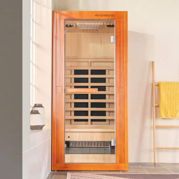 1-Person Indoor Canadian Hemlock FAR Infrared Sauna with 7-Carbon Fiber Heaters,Red Light Therapy,Chromotherapy Lighting