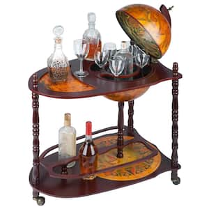 Old World Extended Shelf Italian Replica Beige Globe Bar Cart with Wood Top
