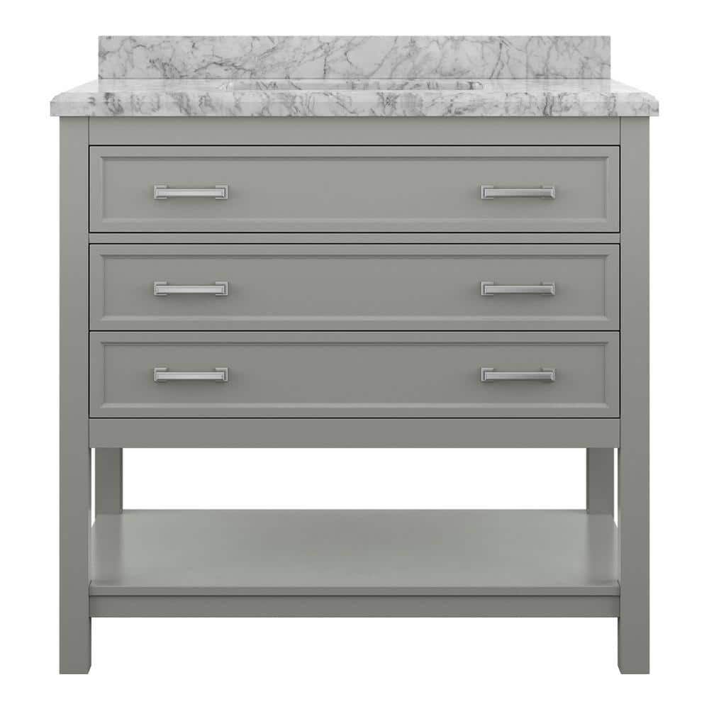 Grey Pine Wood Single Sink Bathroom Vanity with Carrara Marble Top