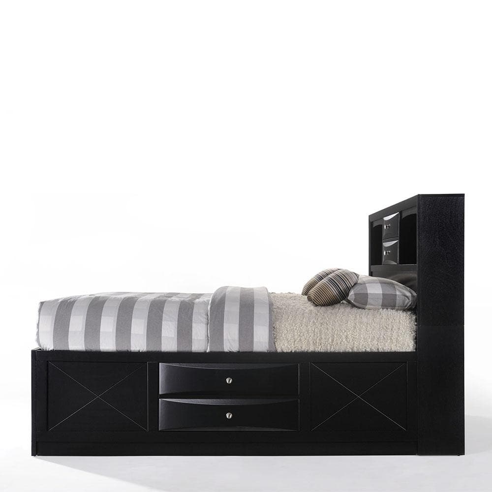 Transitional Black Queen Storage Bed with Nickel Accents and Bookcase Headboard