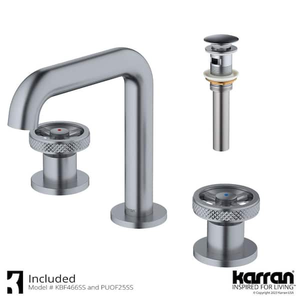 Tryst Widespread Wheel 2-Handle Three Hole Bathroom Faucet with Matching Pop-up Drain in Stainless Steel