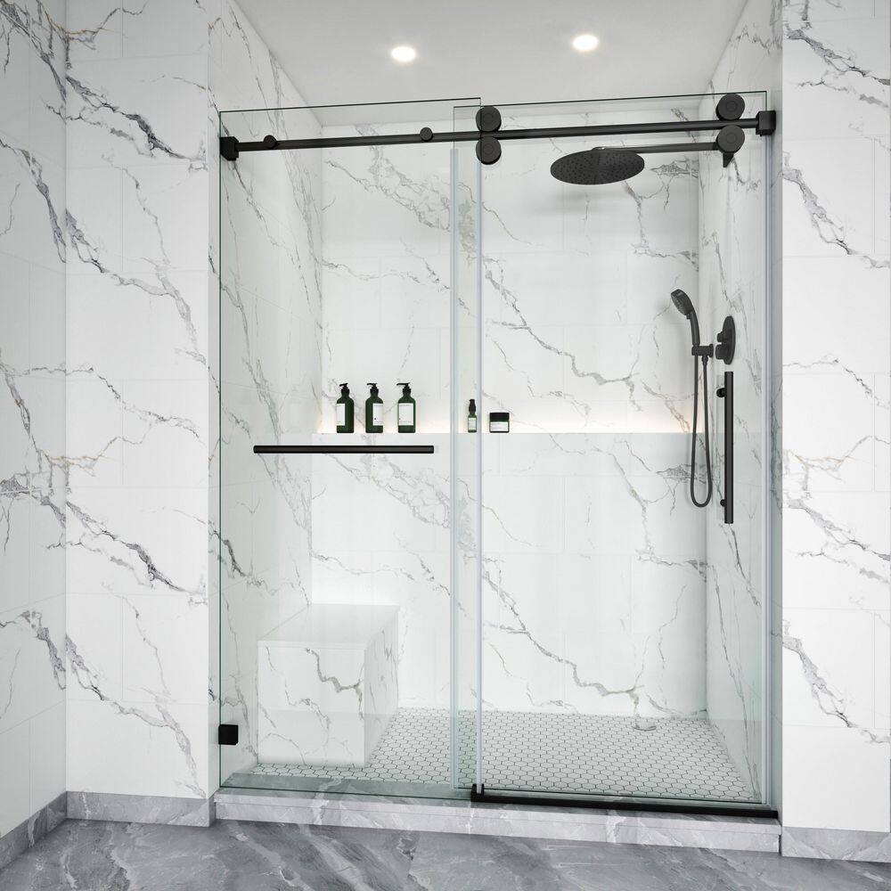 44-48 in. W x 76 in. H Single Sliding Frameless Shower Door Matte Black 3/8 in. Clear SGCC Glass with 1-Towel Bar price history on PriceWatchPro
