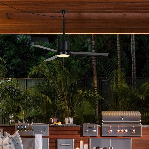 42 in. Outdoor Integrated LED Matte Black Rope Hook Hanging Ceiling Fan with Light and Remote Control