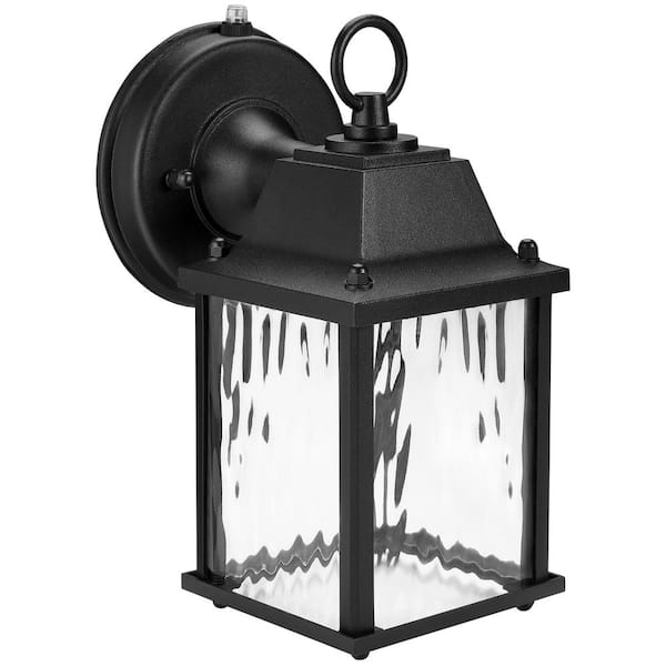 Maxxima Black Outdoor Lantern LED Porch Wall Light, w/Clear Water Glass, Dusk to Dawn Sensor, 650 Lumens, 3000K Warm White