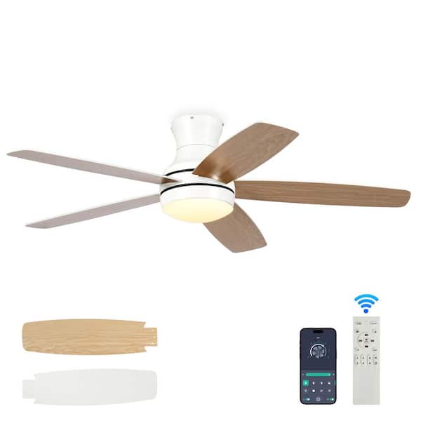 52 in. Smart Indoor White 5 Plywood Blades Standard Flush Mount Ceiling Fan with 3 LED Light and Remote Included