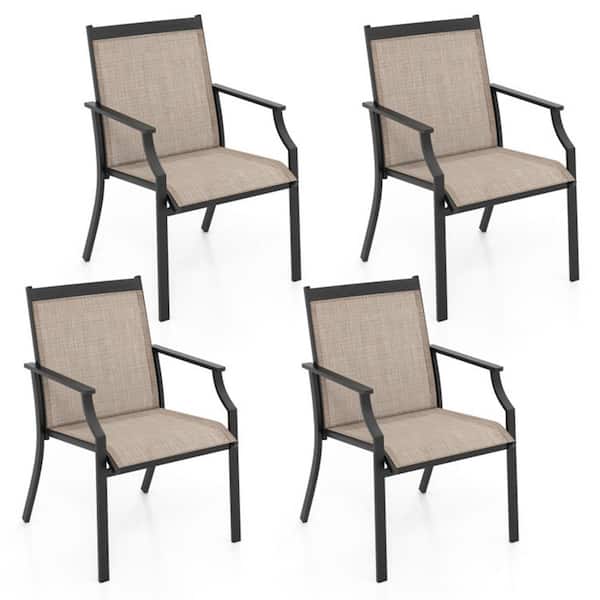 Black Metal Frame Outdoor Dining Chairs Large Outdoor Chairs with Breathable Seat in Coffee Set of 4