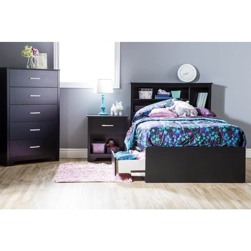 Oak Twin Platform Bed with Upholstered Headboard & Storage Drawers