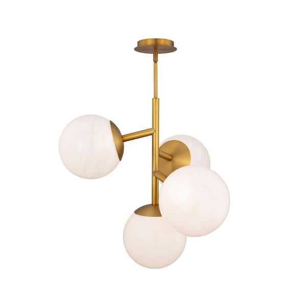 Quattro 27 in. 4-Light Aged Brass Bubble Cluster Integrated LED Pendant Light with Frosted Glass Shade-Selectable 4CCT