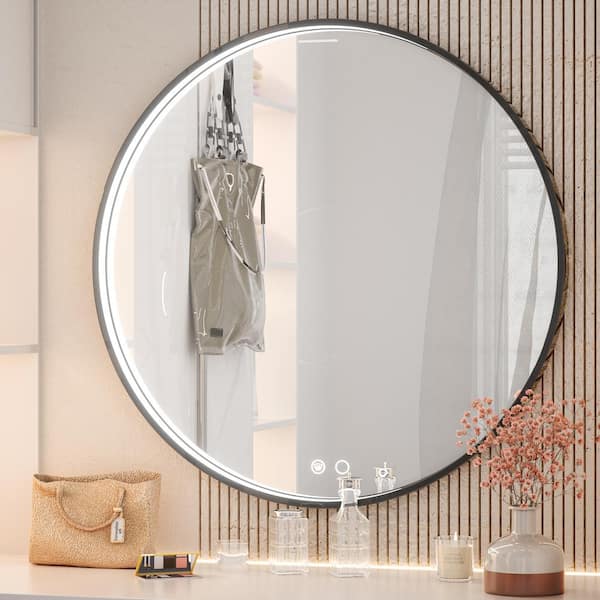 KeonJinn 28 in. W x 28 in. H Large Round Framed Metal Modern Wall Mounted Bathroom Vanity Mirror in Black