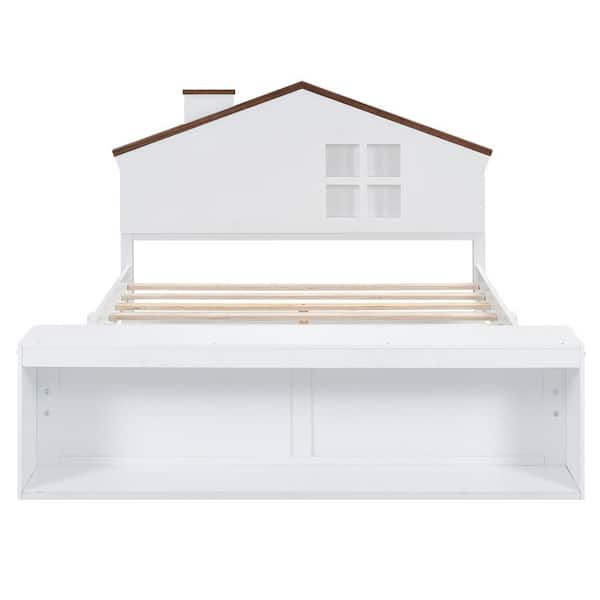 Nestfair White Wood Frame Full Size Platform Bed with LED Lights and Storage