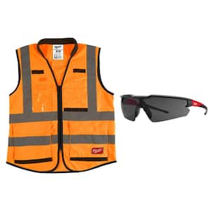Premium Small/Medium Orange Class 2-High Visibility Safety Vest with 15 Pockets and Tinted Anti Scratch Safety Glasses