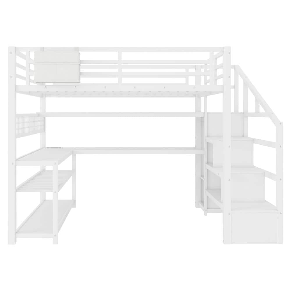 White Full Metal Loft Bed with Staircase, Wardrobe, L-Shaped Desk, Storage Shelves, LED Lights and Charging Station price history on PriceWatchPro