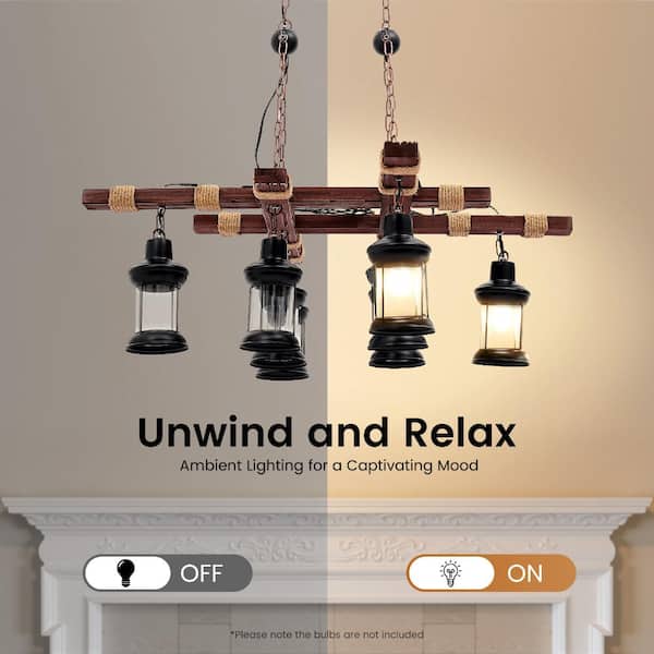 OUKANING 39 in. 8-Light Vintage Industrial Brown Wooden Farmhouse