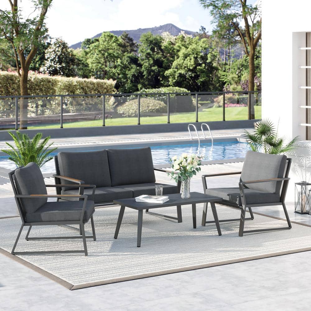 Outdoor 4-Piece Patio Conversation Furniture Set with Metal Frame and Cushi