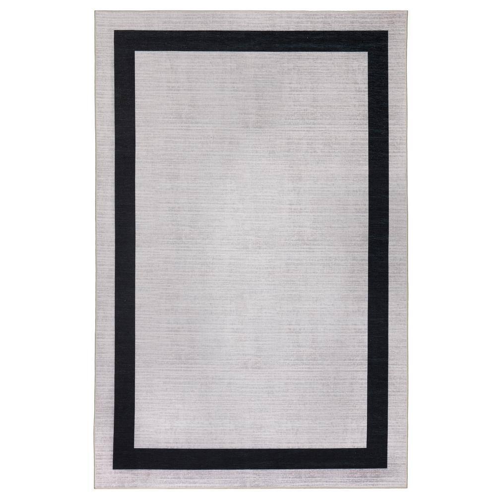 Everest Creme Black 8 ft. x 10 ft. Machine Washable Geometric Modern Border Polyester NonSlip