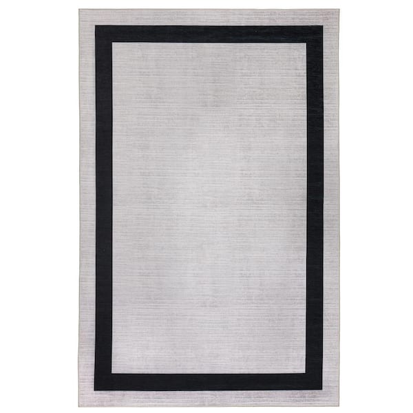 PLAYA RUG Everest Creme Black 5 ft. 4 in. x 8 ft. Machine Washable Geometric Modern Border Polyester Non-Slip Backing Area Rug