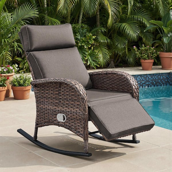 Luna 1-Piece Brown Wicker Outdoor Adjustable Rocker Recliner Chair with Gray Cushions