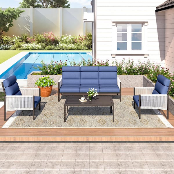 Sudzendf 4-Piece Black Metal Patio Conversation Set with Blue Cushions and Coffee Table