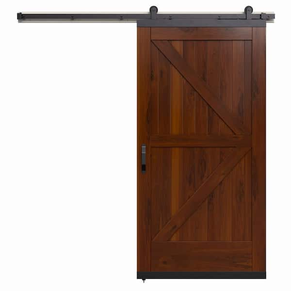 JELD-WEN 36 in. x 80 in. Karona K Design Chestnut Stained Rustic Walnut Wood Sliding Barn Door with Hardware Kit