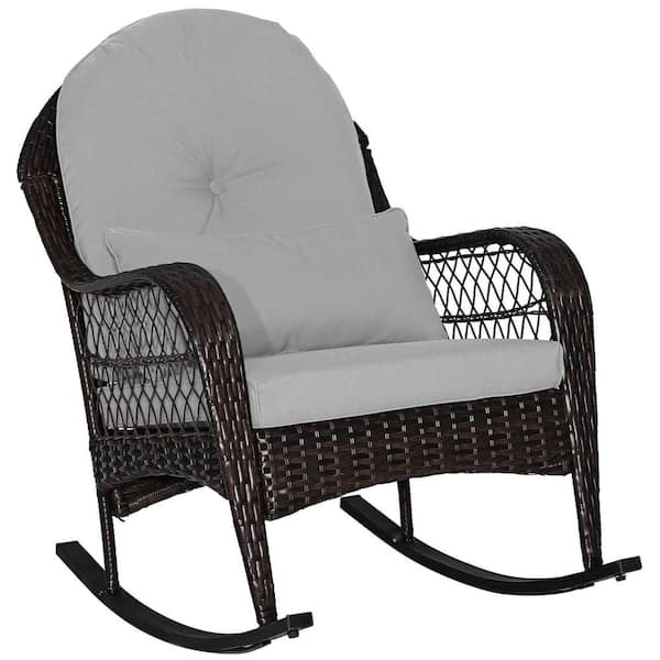 Costway Wicker Outdoor Rocking Chair with Lumbar Pillow Balcony and Gray Seat Back Cushions