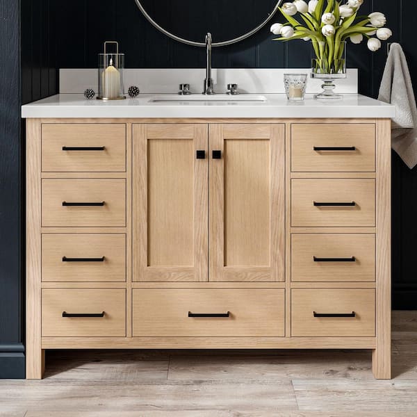 Cambridge 48 in. Single Sink Freestanding Bathroom Vanity in Oak with Pure White Quartz Top