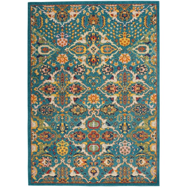 Nourison Allur Turquoise Ivory 5 ft. x 7 ft. Floral Bohemian Modern Area Rug