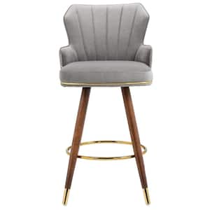 27.95 in. Upholstered High Back Wood Swivel Counter Bar Stools with Gray Velvet Seat and 4 Metal Legs (Set of 2)