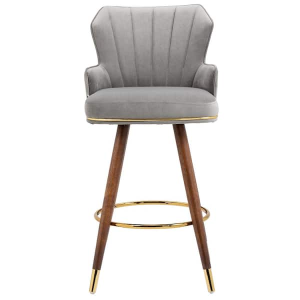 HOMEFUN 27.95 in. Upholstered High Back Wood Swivel Counter Bar Stools with Gray Velvet Seat and 4 Metal Legs (Set of 2)