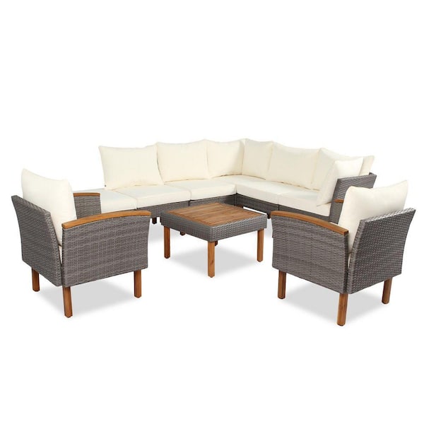 Brown 9-Piece Wicker Outdoor Sectional Set with CushionGuard Beige Tan Cushions
