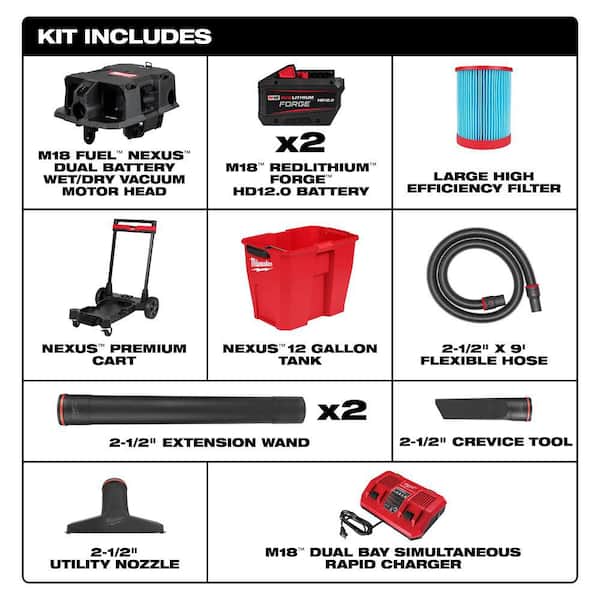M18 FUEL 12 Gallon Cordless DUAL-BATTERY Wet/Dry Shop Vac Kit W/12.0 Ah Battery, Charger, Filter, Hose, and Accessories