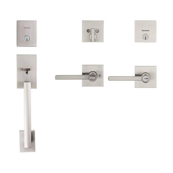 Kwikset San Clemente Satin Nickel Entry Handleset with Halifax Keyed Entry Door Handle Combo Pack