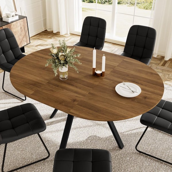 GOJANE 7-Pieces Round Walnut MDF Top Extendable Dining Table Set