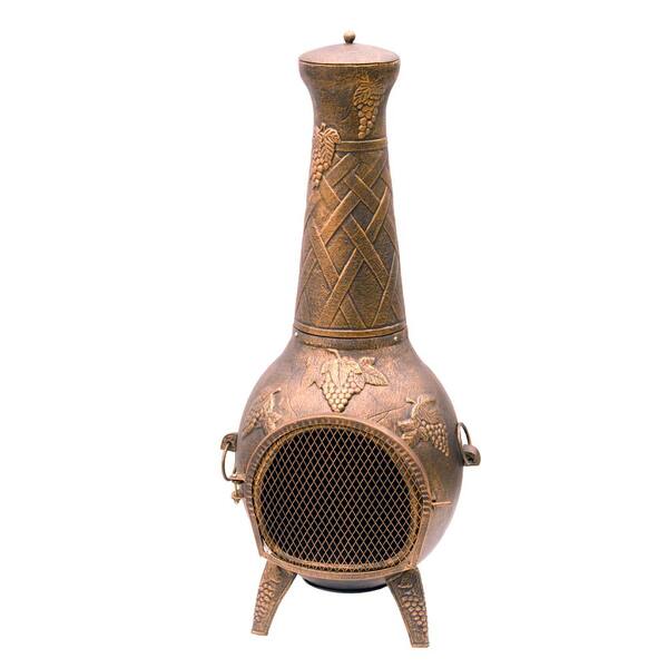 Unbranded Grape Cast Metal 53 in. Tall Chimenea with Built-in Handles, Log Grate, Spark Guard Screen on Stack and Door