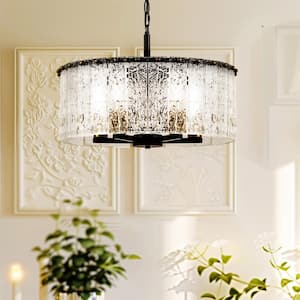 5-Light Black and Gold Drum Pendant Chandelier Adjustable Height Lighting for Living Room and No Bulbs Included