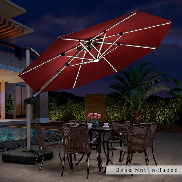 PURPLE LEAF 11 ft. Octagon Solar powered LED Patio Umbrella Outdoor Round Large Cantilever Umbrella Heavy Duty Sun Umbrella in Terra