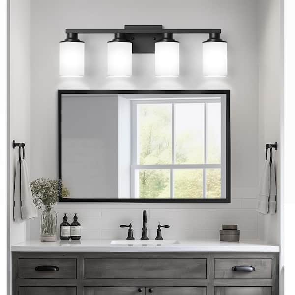 27 in. 4-Light Matte Black Vanity Light Damp Rated for Bathroom with Dimmable No Bulbs Included
