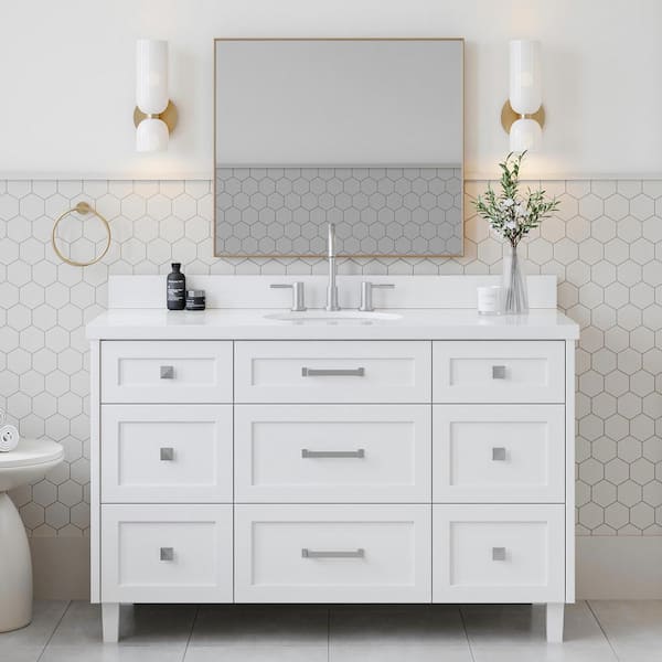ARIEL Monroe 55 in. W x 22 in. D x 36 in. H Single Sink Bath Vanity in White with Pure White Quartz Top