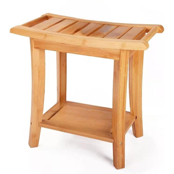 19 in. Freestanding Portable Bamboo Shower Bench with Storage Shelf for Adults, Seniors & Elderly in Natural
