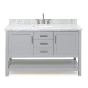 Bayhill 55 in. W x 22 in. D x 36 in. H Bath Vanity in Grey with Carrara White Marble Top